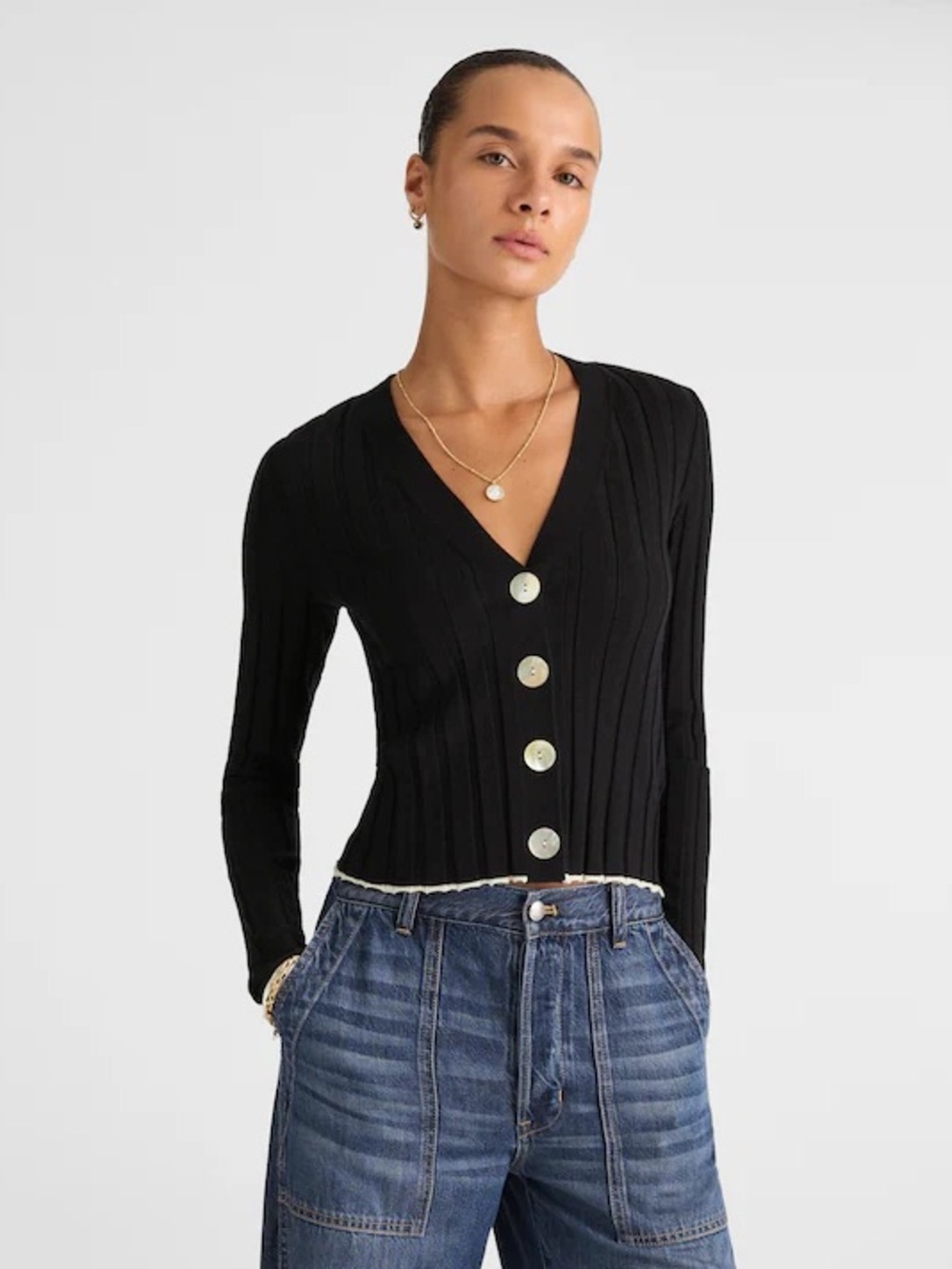Madewell Ribbed Button Front Cardigan Sweater NWT Size S Black Fitted